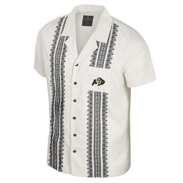 A cream collared button up shirt. It has black embroidered details in a stripe on each side of the buttons. The left chest pocket has the C-U Buffalo logo embroidered in black and gold.